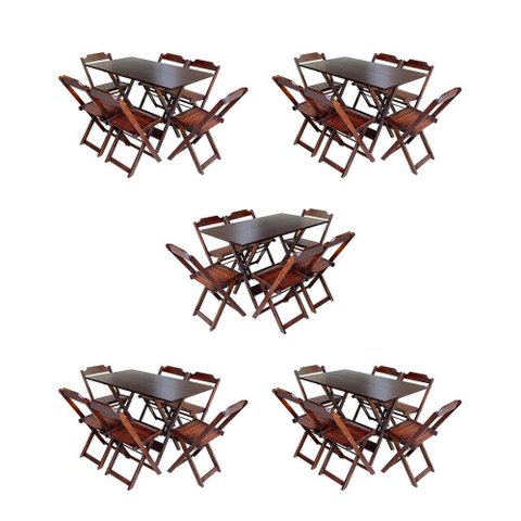 Kit 5 Jogos De Mesa Dobravel Com 6 Cadeiras De Madeira 120X70 Para Restaurante E Bar - Imbuia