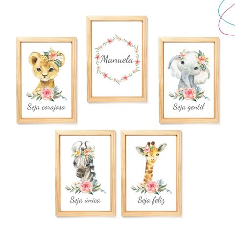 Kit 5 Quadros Decorativos Safari Baby Aquarela Menina:pinus