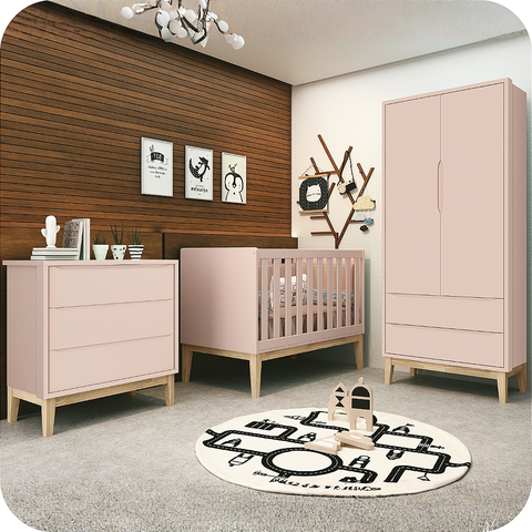 Quarto de Bebê Guarda Roupa Classic + Cômoda 3 Gavetas Madeira Natural Rosa Fosco