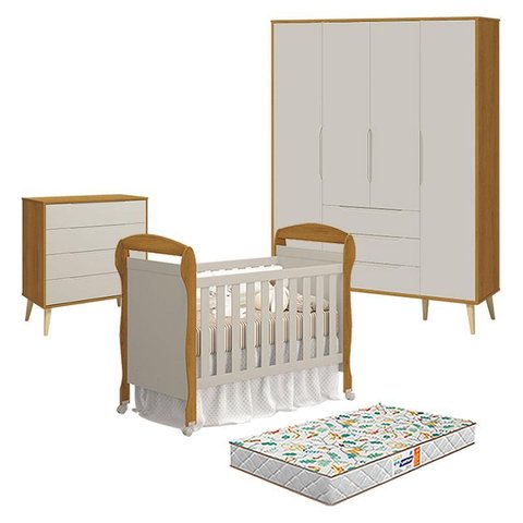 Quarto de Bebê 4 Portas com Cômoda Gaveteiro Elfe Retrô e Berço Americano Danny Areia Savana Acetina