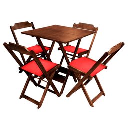 Conjunto de Mesa Dobravel de Madeira 60x60 com 4 Cadeiras Imbuia Estofado Vermelho - 1