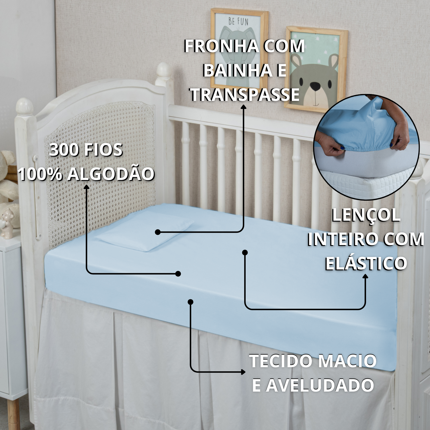 Lençol Americano Berço de Bebê 300 Fios 2 Peças 100% Algodão Conjunto com Fronha:azul Piscina - 5