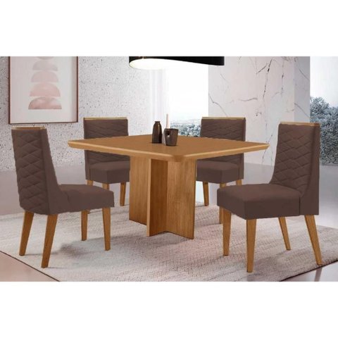 Conjunto: Mesa de Cozinha Berlim C/ Tampo Madeirado Canto Curvo 90x90cm e 4 Cadeiras Dafne Naturale