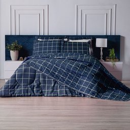 Capa Edredom Solteiro Algodão Percal 150 Fios Duvet Essencialle:Grid Marinho - 1