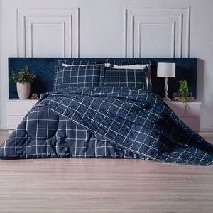 Capa Edredom Solteiro Algodão Percal 150 Fios Duvet Essencialle:Grid Marinho