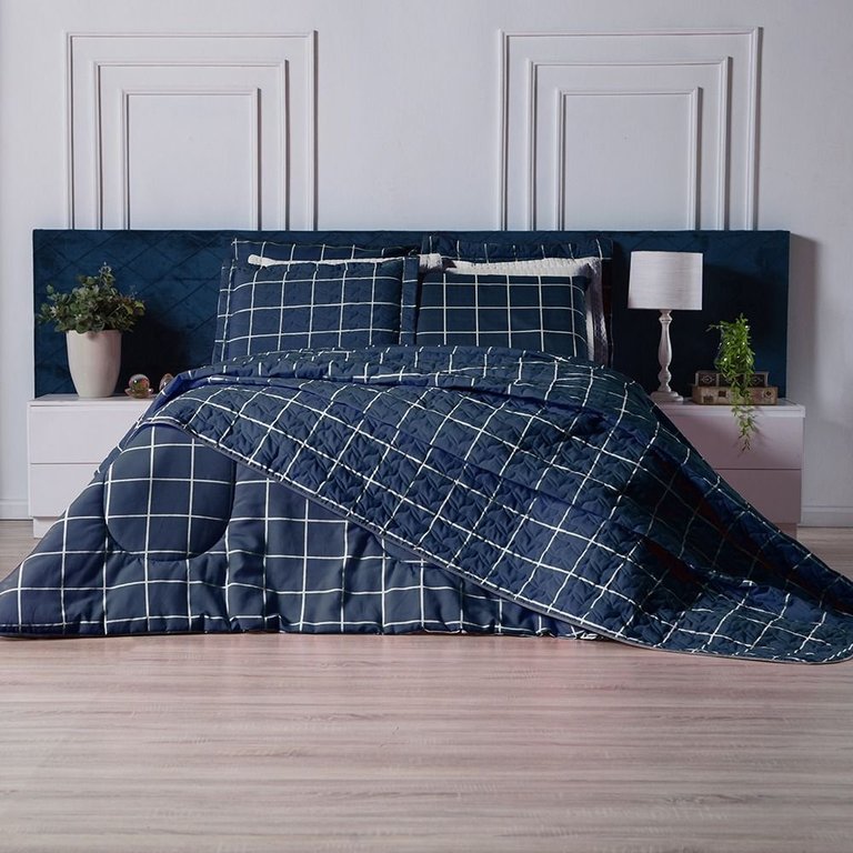 Capa Edredom Solteiro Algodão Percal 150 Fios Duvet Essencialle:Grid Marinho