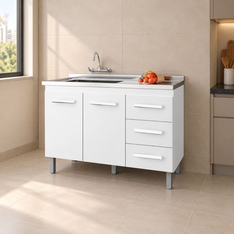 Balcão Gabinete Pia Cozinha sem Tampo 120cm 2 Porta 3 Gaveta Cor:Branco