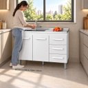 Ver mais imagens de Balcão Gabinete Pia Cozinha sem Tampo 120cm 2 Porta 3 Gaveta Cor:Branco