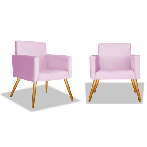 Kit 2 Poltrona Suede Rosa Bebê Marcela Decorativa Pés Palito Imbuia Mel Cadeira para Sala Recepção