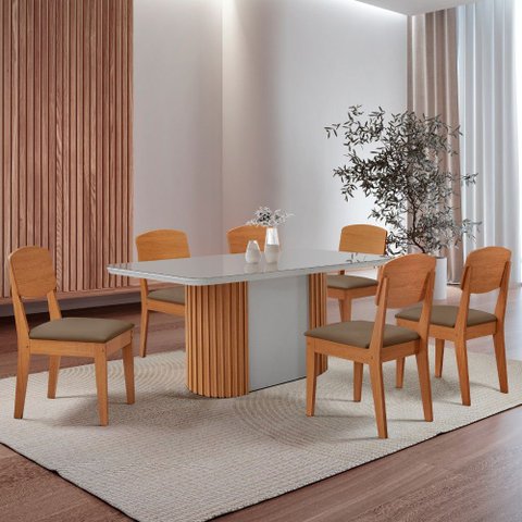 Mesa de Jantar Aspen 180cm Tampo Mdf Vidro com 6 Cadeiras Copper Moderna Mobília