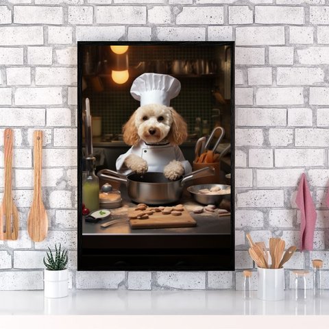 Quadro para Cozinha Cão Raça Poodle 24x18cm - com Vidro:madeira Branca