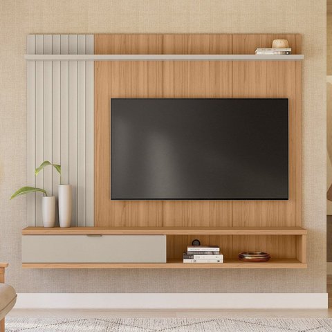 Painel para TV até 75 Polegadas MDF 179cmx150cm Sintra Linea Brasil Marrom Jequitibá/Off White Fosco