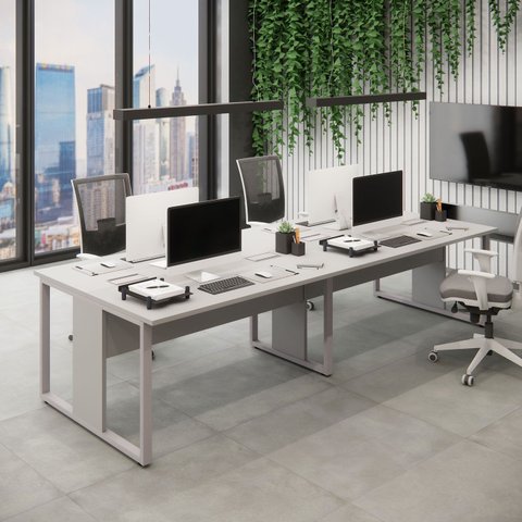 Mesa de Escritório Plataforma 3,0m 4 Pessoas Cz Pés Metal F5 Cor:cinza