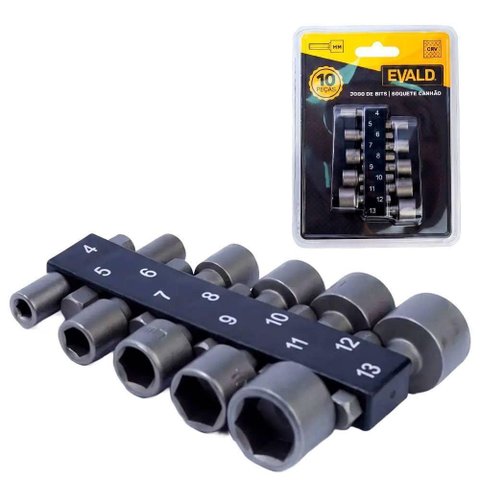 Jogo de Soquetes Canhão Ev-746010 Kit 10 Bits 4 a 13mm Evald