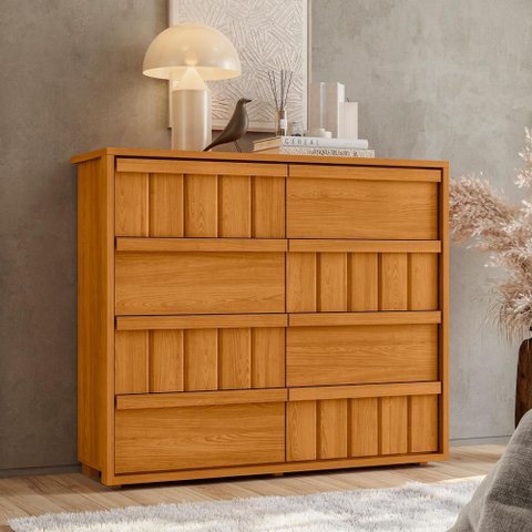Cômoda 8 Gavetas Corrediças Metálicas Tarsila 136cm MDF Cinamomo Quarto