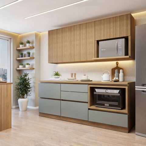 Cozinha Completa Modulada 4 Peças 5 Portas 4 Gavetas com Rodapé Norten Marrom/Verde/Nature
