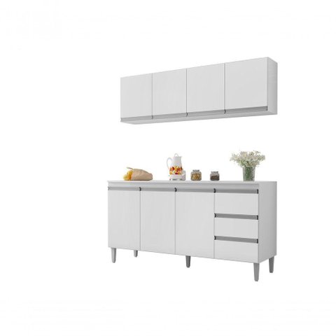 Balcão Gabinete Andreia 160cm C-tampo e Armário Aéreo 4 Portas 160cm Branco