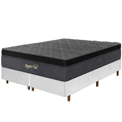 Cama Box Branca + Colchão Queen Size Suport Gel Molas Ensacadas Euro Pillow 158x198x75cm - Macio