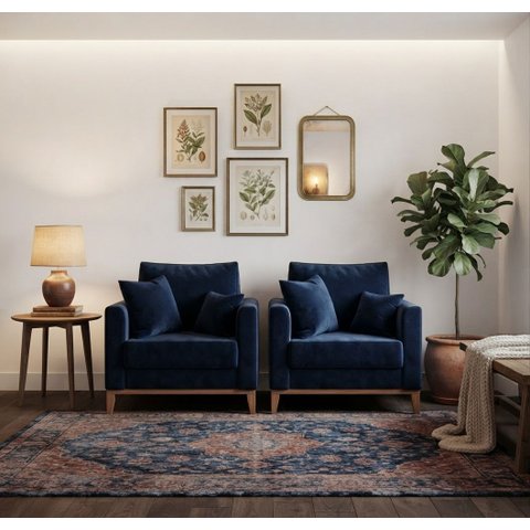 Kit 2 Poltronas Beny para Recepção com 2 Almofadas Veludo Azul Base em Madeira Maciça