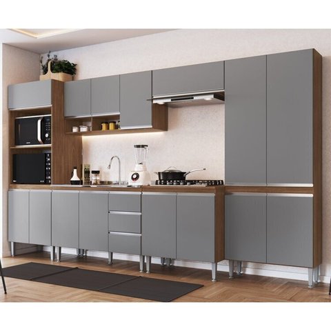 Cozinha Modulada Athena 6 Peças 2 Balcões 2 Armários Torre Quente e Paneleiro Cinza/Freijó