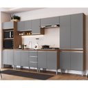 Ver imagem 1 de Cozinha Modulada Athena 6 Peças 2 Balcões 2 Armários Torre Quente e Paneleiro Cinza/Freijó