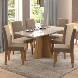 Kit Conjunto Sala de Jantar Moderna Mesa Tampo Vidro Mdf 160 Cm 6 Cadeiras Marrom Madeira Off White - 1