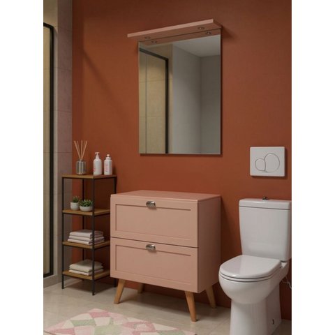 Gabinete para Banheiro com Tampo e Espelho com LED 80cm Retro MDF Rosa Milano - On Móveis