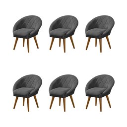 Kit 6 Poltronas Decorativa Canastra Estofada Linho Cinza Pés Palito em Madeira Maciça - 1