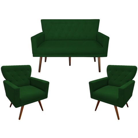 Kit Namoradeira + 2 Poltronas Decorativa Aurora Suede Verde Pés Madeira Mz Decor