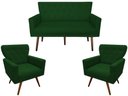 Ver imagem 1 de Kit Namoradeira + 2 Poltronas Decorativa Aurora Suede Verde Pés Madeira Mz Decor