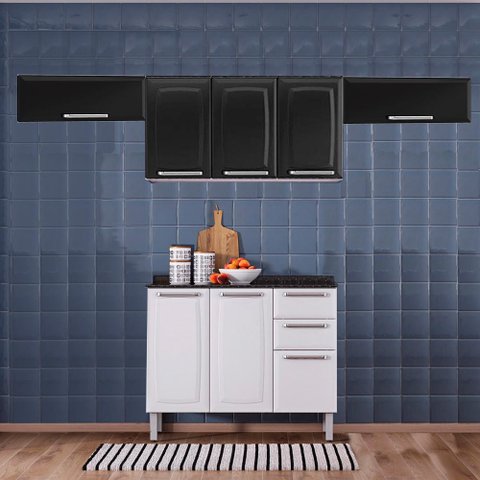 Cozinha Itatiaia Luce com Armários Aéreos e Balcão 2 Gavetas 8 Portas Branco / Preto