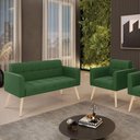 Ver imagem 2 de Kit 1 Sofá Namoradeira e 1 Poltrona Elisa Suede Verde Pés Palito Natural - D'Rossi