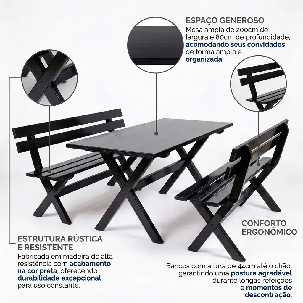 Ver imagem 4 de Mesa para Área Externa com 2 Bancos Madeira Maciça 200cm Kit Churrasco Yescasa Preto