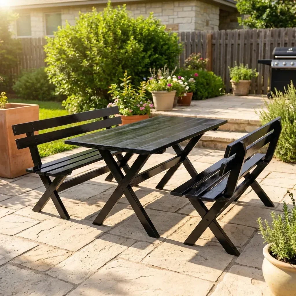 Mesa para Área Externa com 2 Bancos Madeira Maciça 200cm Kit Churrasco Yescasa Preto