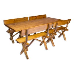 Conjunto Rústico de Mesa 2,2m e 4 Bancos Madeira Maciça Pinus - 1