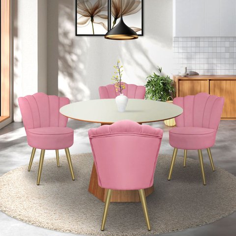 Kit 4 Cadeiras de Jantar Pétala com Pés em Aço Dourado Veludo Rosa Bz Home Decor