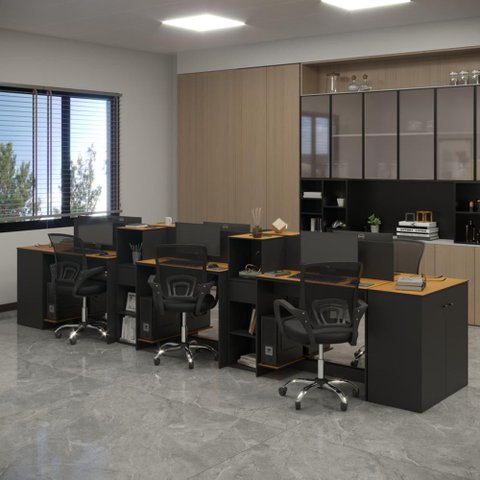Estação de Trabalho 6 Lugares Smart Office 6 Mesas 4 Armários 2 Aparadores - Preto e Cedro
