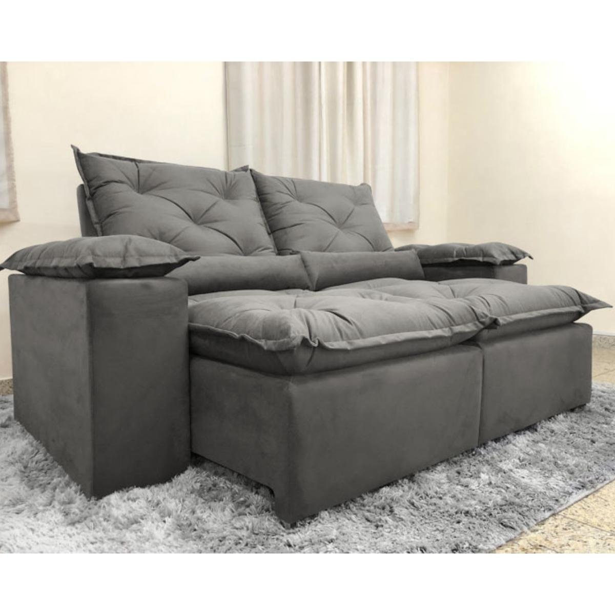 Sofa Reclinavel Retratil Design Elegante Athena 2,30m Veludo Cor:Cinza - 1