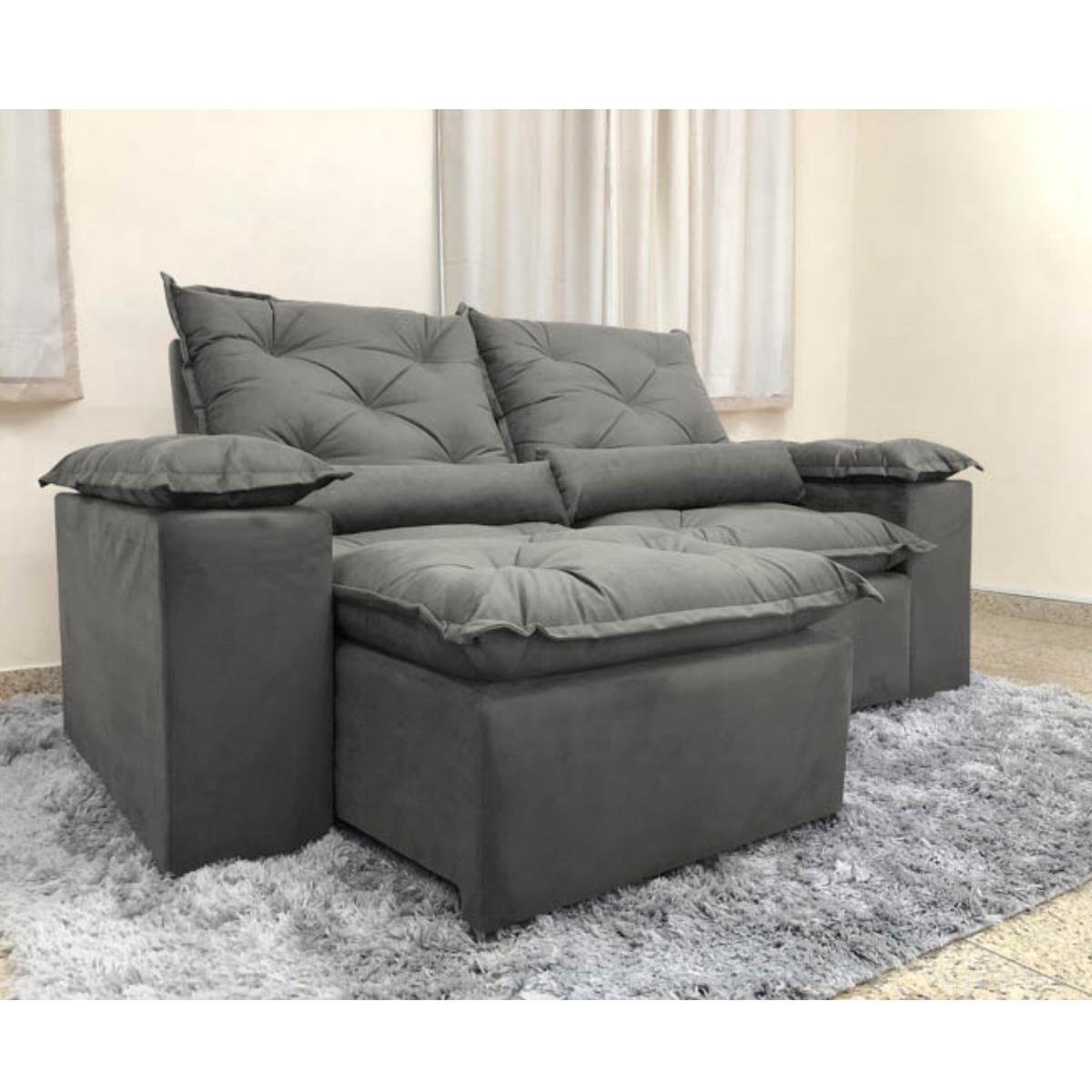 Sofa Reclinavel Retratil Design Elegante Athena 2,30m Veludo Cor:Cinza - 6
