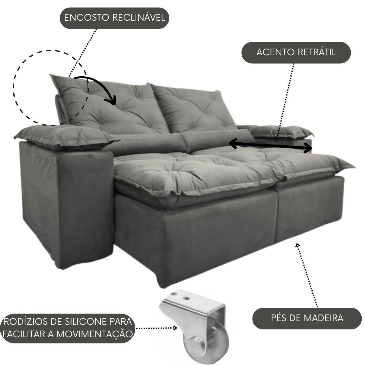 Sofa Reclinavel Retratil Design Elegante Athena 2,30m Veludo Cor:Cinza - 3