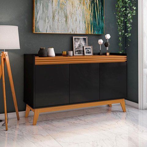 Buffet Aparador 3 Portas Ripado Bahamas 136cm - Via Nossa - Preto e Cedro
