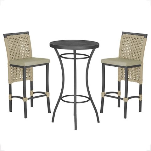 Mesa Bistrô e 2 Banquetas Roma Preta Corda Náutica Estofado 7 Trama Original