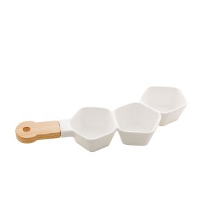 Petisqueira Tripla Porcelana C/cabo Bambu Branco 36x15x5cm