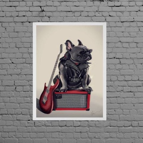 Quadro Bulldog Francês Rock 45x34cm - com vidro:Madeira branca