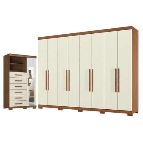 Guarda Roupa Casal 8 Portas 4 Gavetas Master New com Pés e Cômoda Marabá com Espelho e Pés