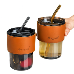 Copo de Vidro com Canudo Tampa e Vedação 450ml Dourado - 2