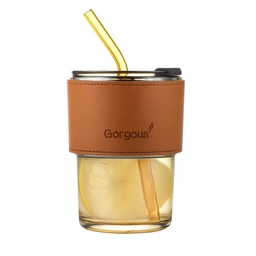 Copo de Vidro com Canudo Tampa e Vedação 450ml Dourado - 1