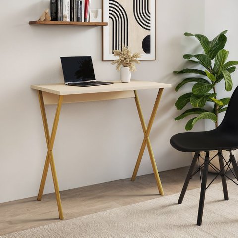 Mesa para Computador X 90x53 com Estrutura em Ferro para Escritório - Ferro Dourado Tampo Off White