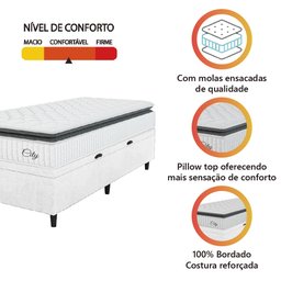 Cama Box Baú Colchão Solteiro Molas Ensacadas City Pillow Top 88x188x64cm Linho Branco / Preto - 6