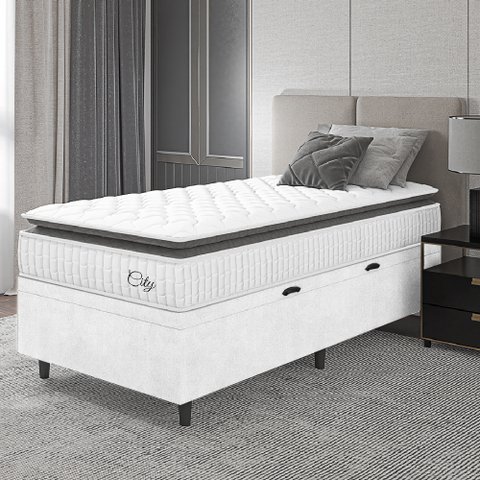 Cama Box Baú Colchão Solteiro Molas Ensacadas City Pillow Top 88x188x64cm Linho Branco / Preto